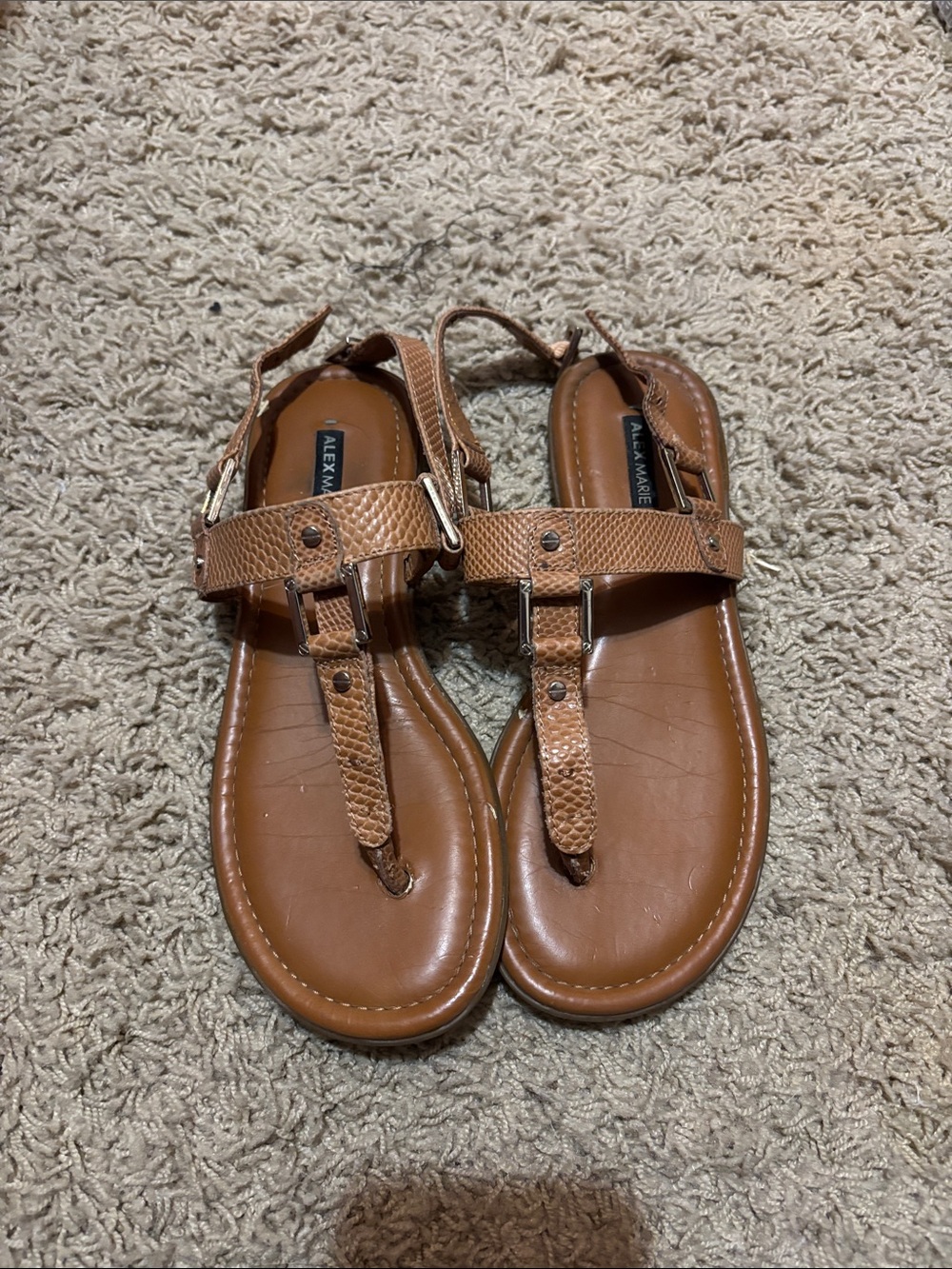 Alex Marie Brown T-Strap Textured Sandals